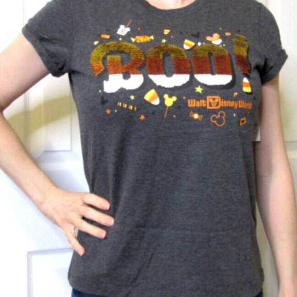 Disney World Tshirt BOO Halloween MultiColor Sequins Candy Corn Womens S - Picture 2 of 16